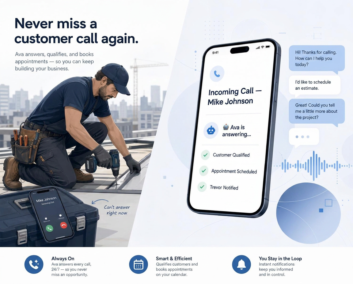 Local service professional working while an AI receptionist answers his incoming call, qualifies the lead, and books an appointment